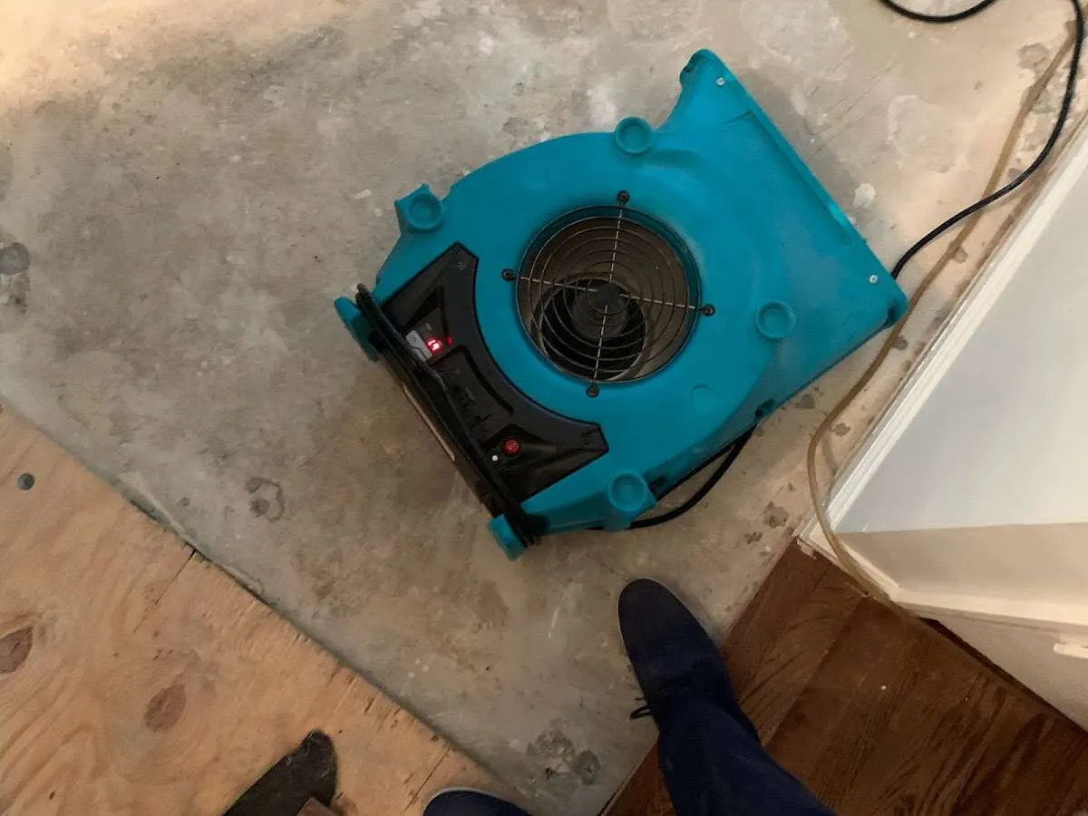 Air mover drying subfloor during Leak Detection & Repair in South Whittier